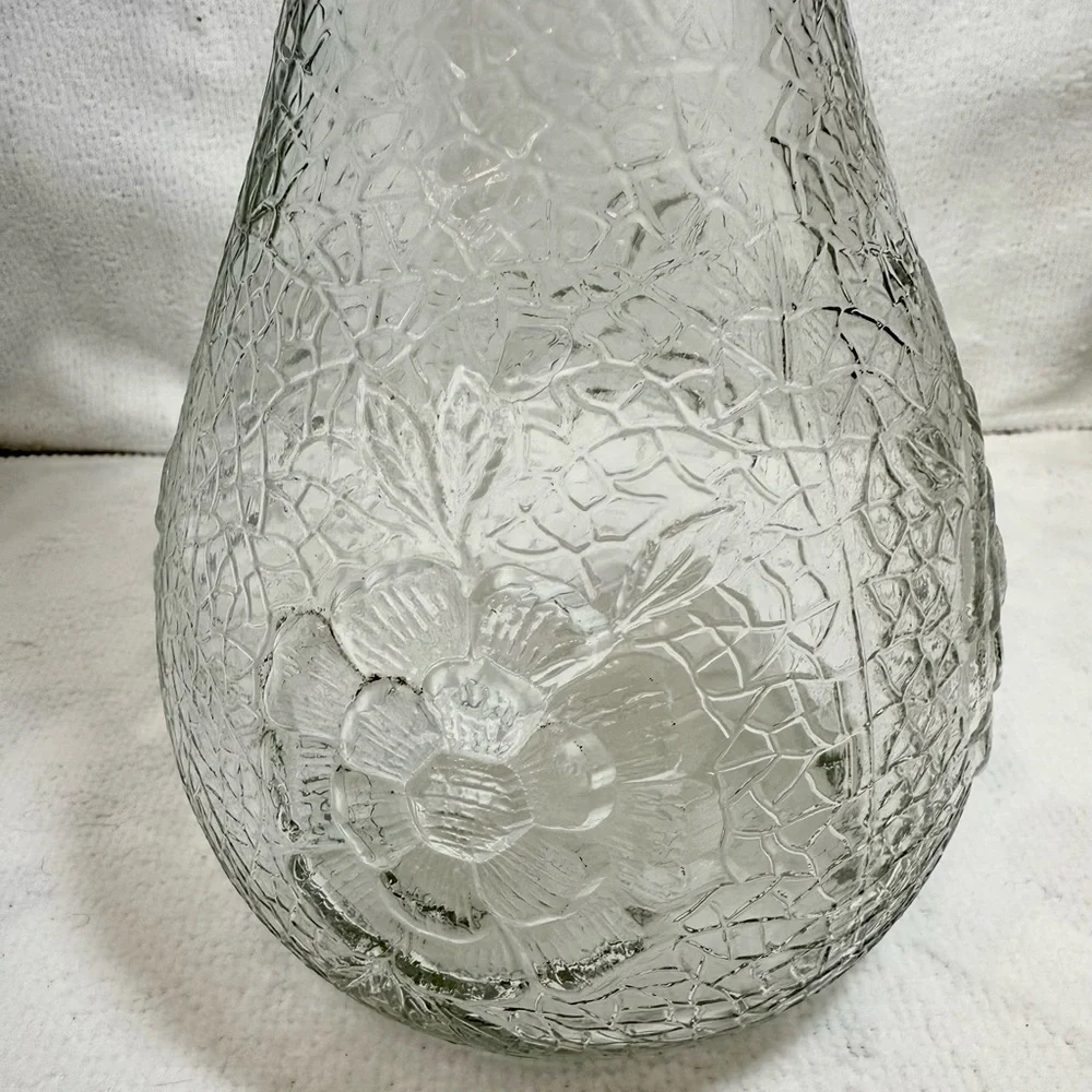 VTG White House Vinegar Bottle Floral Textured Glass Double Handled Pitcher Vase